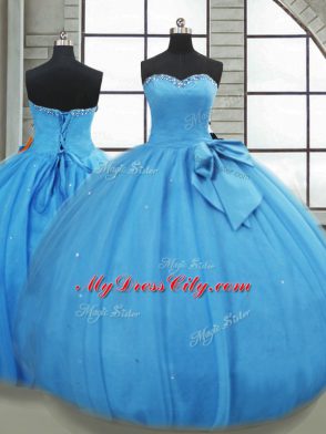 Baby Blue Tulle Lace Up Sweetheart Sleeveless Floor Length Sweet 16 Quinceanera Dress Bowknot