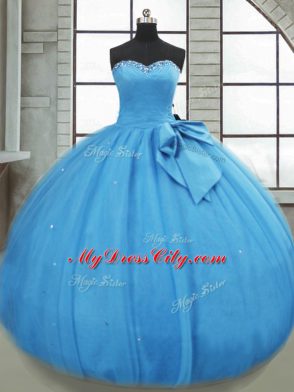 Baby Blue Tulle Lace Up Sweetheart Sleeveless Floor Length Sweet 16 Quinceanera Dress Bowknot