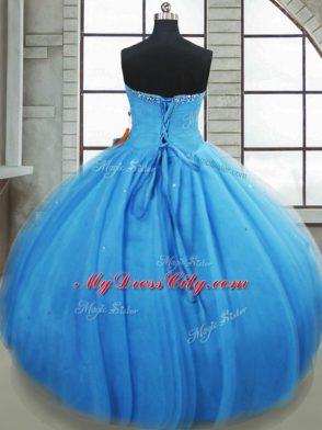 Baby Blue Tulle Lace Up Sweetheart Sleeveless Floor Length Sweet 16 Quinceanera Dress Bowknot