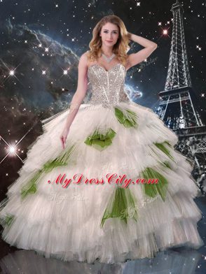 White Tulle Lace Up Sweetheart Sleeveless Floor Length Quince Ball Gowns Beading and Ruffled Layers and Sequins