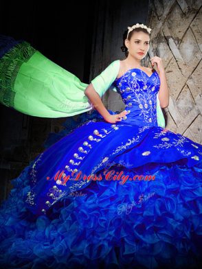 Sweetheart Sleeveless Sweet 16 Dresses Brush Train Embroidery and Ruffles Royal Blue Organza