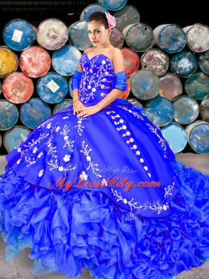 Sweetheart Sleeveless Sweet 16 Dresses Brush Train Embroidery and Ruffles Royal Blue Organza