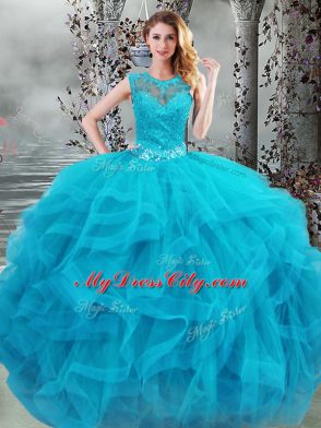 Fashionable Scoop Sleeveless Sweet 16 Dresses Floor Length Beading and Ruffles Baby Blue Tulle