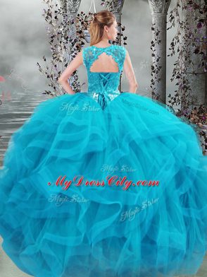 Fashionable Scoop Sleeveless Sweet 16 Dresses Floor Length Beading and Ruffles Baby Blue Tulle