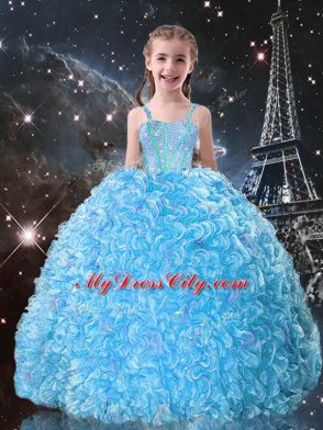 Aqua Blue Lace Up Girls Pageant Dresses Beading and Ruffles Sleeveless Floor Length