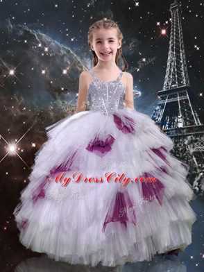 White Ball Gowns Tulle Straps Sleeveless Beading and Ruffled Layers Floor Length Lace Up Girls Pageant Dresses