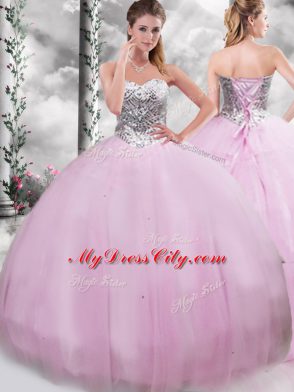 Sleeveless Brush Train Beading Lace Up 15 Quinceanera Dress