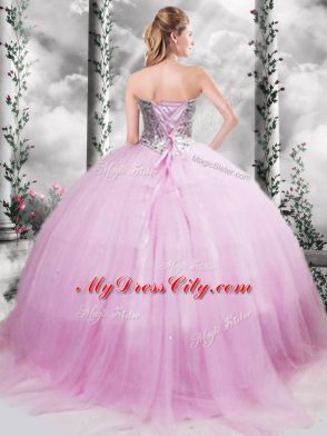 Sleeveless Brush Train Beading Lace Up 15 Quinceanera Dress