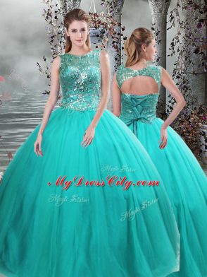 Floor Length Lace Up Ball Gown Prom Dress Turquoise for Military Ball and Sweet 16 and Quinceanera with Beading