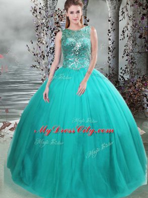 Floor Length Lace Up Ball Gown Prom Dress Turquoise for Military Ball and Sweet 16 and Quinceanera with Beading
