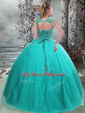 Floor Length Lace Up Ball Gown Prom Dress Turquoise for Military Ball and Sweet 16 and Quinceanera with Beading
