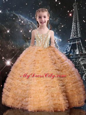 Floor Length Orange Red Party Dresses Tulle Sleeveless Beading and Ruffled Layers