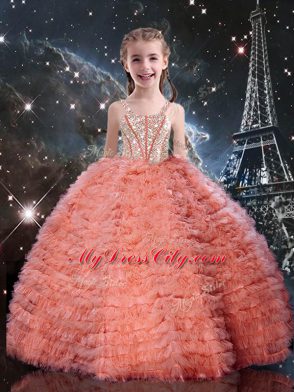 Watermelon Red Ball Gowns Tulle Straps Sleeveless Beading and Ruffled Layers Floor Length Lace Up Kids Formal Wear