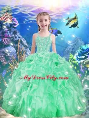 Superior Apple Green Organza Lace Up Pageant Dress for Womens Sleeveless Floor Length Beading and Ruffles