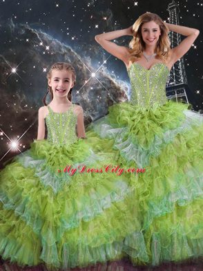 Multi-color Ball Gowns Beading and Ruffled Layers and Sequins Vestidos de Quinceanera Lace Up Organza Sleeveless Floor Length