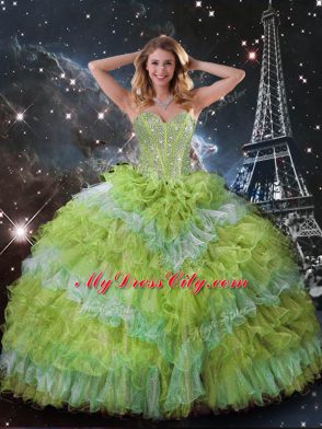 Multi-color Ball Gowns Beading and Ruffled Layers and Sequins Vestidos de Quinceanera Lace Up Organza Sleeveless Floor Length