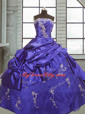 Stunning Purple Strapless Neckline Appliques and Pick Ups Quinceanera Gown Sleeveless Zipper