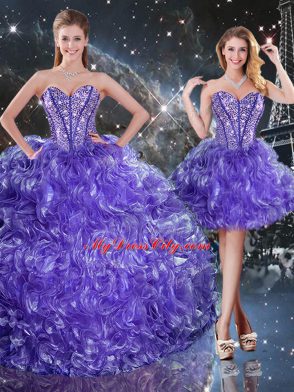 Purple Organza Lace Up Sweetheart Sleeveless Floor Length Quinceanera Dress Beading and Ruffles