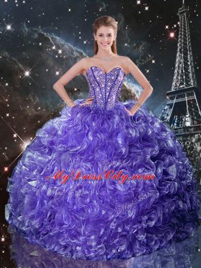 Purple Organza Lace Up Sweetheart Sleeveless Floor Length Quinceanera Dress Beading and Ruffles