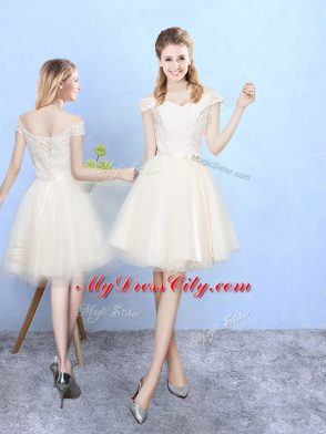 Inexpensive V-neck Cap Sleeves Lace Up Bridesmaid Gown Champagne Tulle