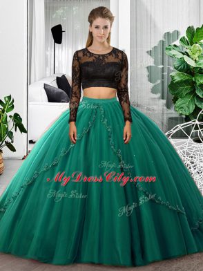 Luxury Dark Green Two Pieces Lace and Ruching Vestidos de Quinceanera Backless Tulle Long Sleeves Floor Length