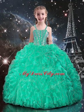 Stylish Organza Straps Sleeveless Lace Up Beading and Ruffles Kids Formal Wear in Turquoise