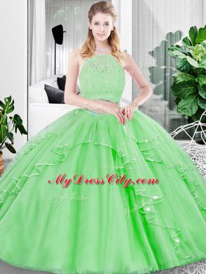 Suitable Sleeveless Floor Length Lace and Ruffled Layers Zipper Ball Gown Prom Dress