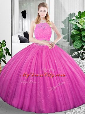 Extravagant Fuchsia Zipper Scoop Lace and Ruching Quince Ball Gowns Organza Sleeveless
