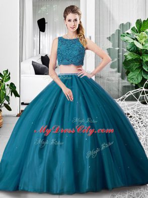 Nice Sleeveless Tulle Floor Length Zipper Sweet 16 Dress in Teal with Lace and Ruching