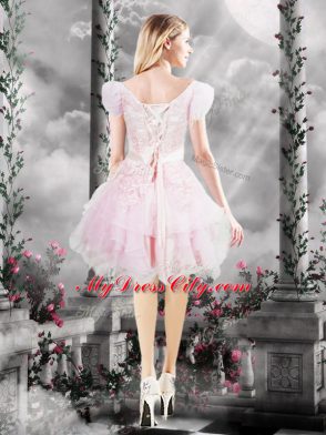 Baby Pink Short Sleeves Organza Lace Up for Prom and Party
