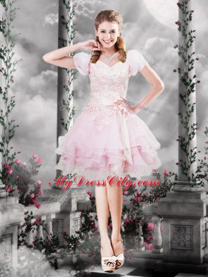 Baby Pink Short Sleeves Organza Lace Up for Prom and Party