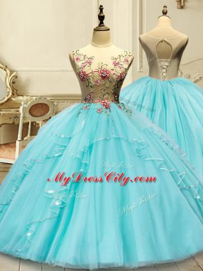 Graceful Floor Length Ball Gowns Sleeveless Aqua Blue Ball Gown Prom Dress Lace Up