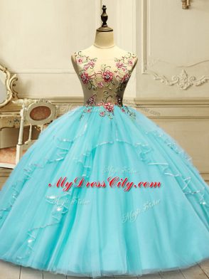 Graceful Floor Length Ball Gowns Sleeveless Aqua Blue Ball Gown Prom Dress Lace Up