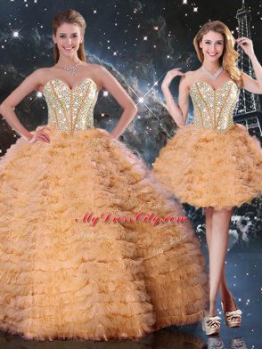 Graceful Sleeveless Floor Length Beading and Ruffled Layers Lace Up Sweet 16 Dress with Orange