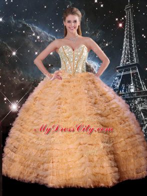 Graceful Sleeveless Floor Length Beading and Ruffled Layers Lace Up Sweet 16 Dress with Orange