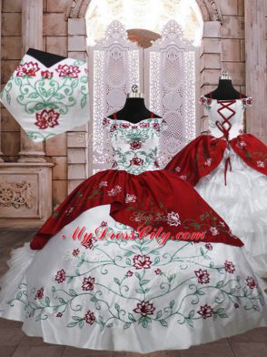 Best White And Red Lace Up Party Dress for Toddlers Embroidery and Ruffled Layers Sleeveless Floor Length
