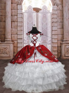 Best White And Red Lace Up Party Dress for Toddlers Embroidery and Ruffled Layers Sleeveless Floor Length