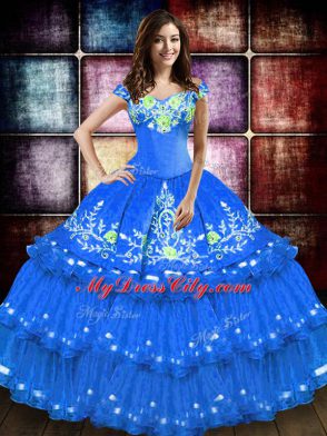 Blue Lace Up Off The Shoulder Embroidery and Ruffled Layers 15th Birthday Dress Taffeta Sleeveless