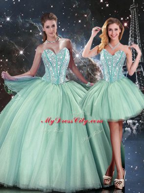 Designer Sleeveless Tulle Floor Length Lace Up Quinceanera Dress in Turquoise with Beading