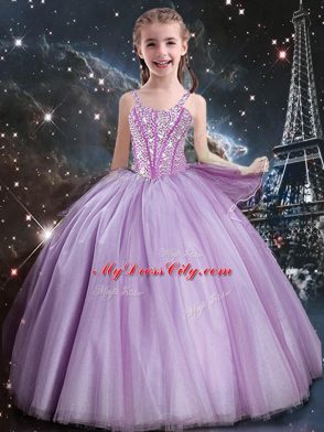 Lilac Lace Up Straps Beading Womens Party Dresses Tulle Sleeveless