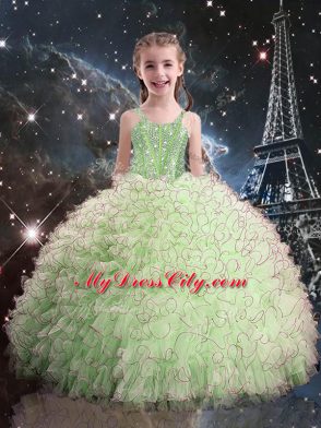 Fantastic Yellow Green Organza Lace Up Straps Sleeveless Floor Length Party Dress Wholesale Beading and Ruffles