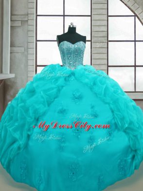 Organza Sweetheart Sleeveless Lace Up Beading and Appliques and Pick Ups Quinceanera Dresses in Aqua Blue