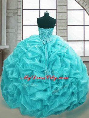 Organza Sweetheart Sleeveless Lace Up Beading and Appliques and Pick Ups Quinceanera Dresses in Aqua Blue