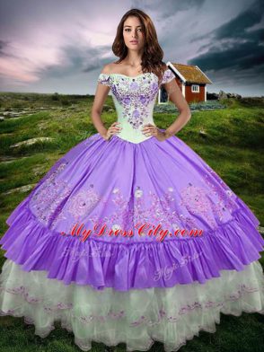 Latest Sleeveless Taffeta Floor Length Lace Up Quinceanera Dresses in Lavender with Beading and Embroidery and Ruffled Layers