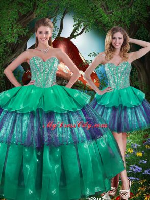 Glorious Turquoise Sweetheart Lace Up Beading and Ruffled Layers Sweet 16 Dresses Sleeveless