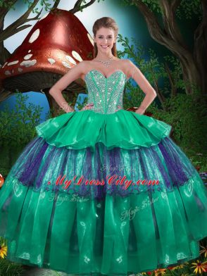 Glorious Turquoise Sweetheart Lace Up Beading and Ruffled Layers Sweet 16 Dresses Sleeveless