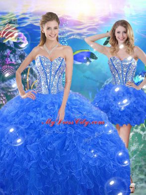 Modern Royal Blue Lace Up Sweetheart Beading and Ruffles Quinceanera Dresses Organza Sleeveless