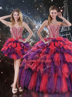 Sweetheart Sleeveless 15th Birthday Dress Floor Length Beading and Ruffles and Ruffled Layers Multi-color Organza