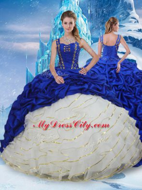 Amazing Blue And White Sleeveless Taffeta Brush Train Lace Up Quinceanera Dresses for Military Ball and Sweet 16 and Quinceanera