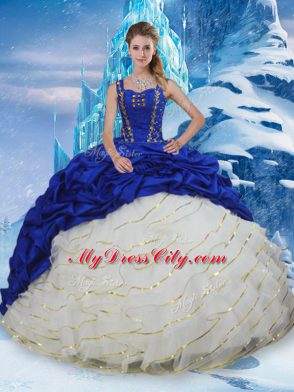 Amazing Blue And White Sleeveless Taffeta Brush Train Lace Up Quinceanera Dresses for Military Ball and Sweet 16 and Quinceanera